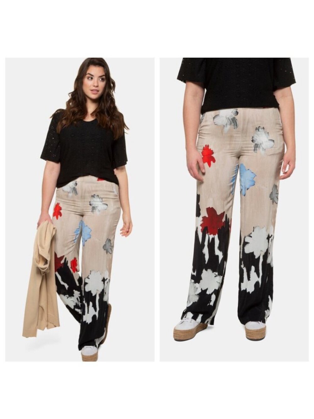 Ulla Popken Pants Floral Modern Art Print Straight Leg Mary Artsy Boho Resort